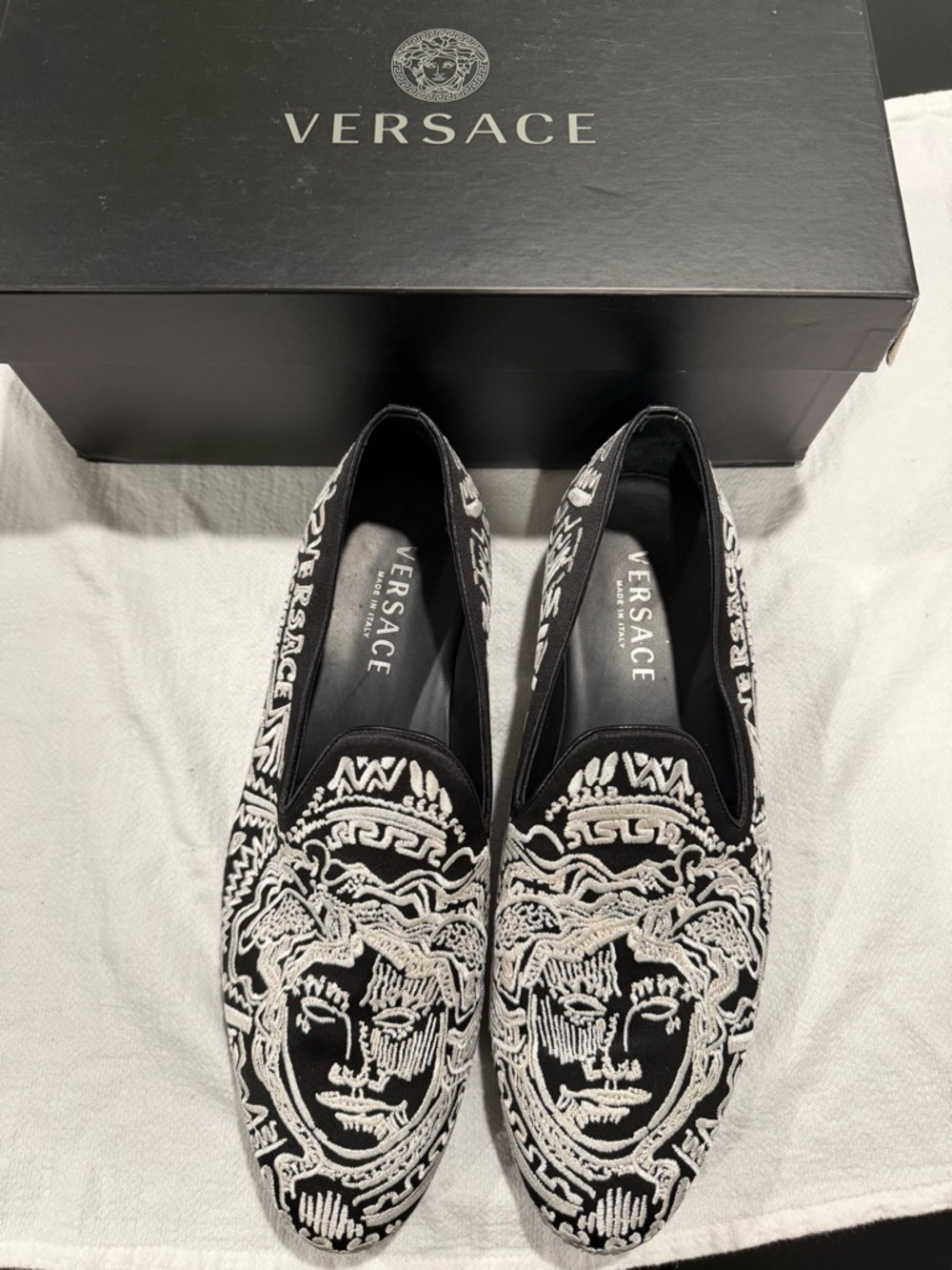 Versace Black Velvet Loafers with White Medusa Embroidery